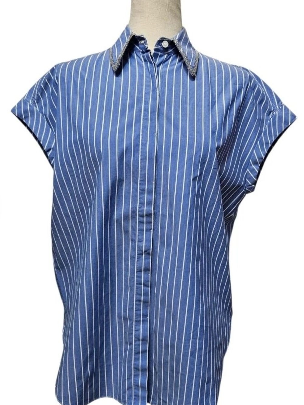 Brunello Cucinelli Blue and White Vertical Stripe Button-Down Top